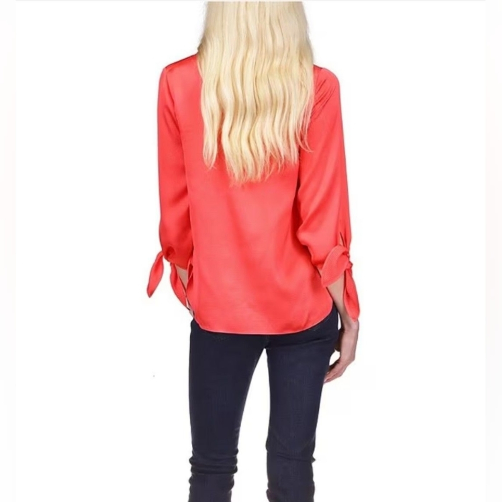 MICHAEL Michael Kors V-Neck Satin 3/4 Tie Sleeve Blouse. - Picture 2 of 7